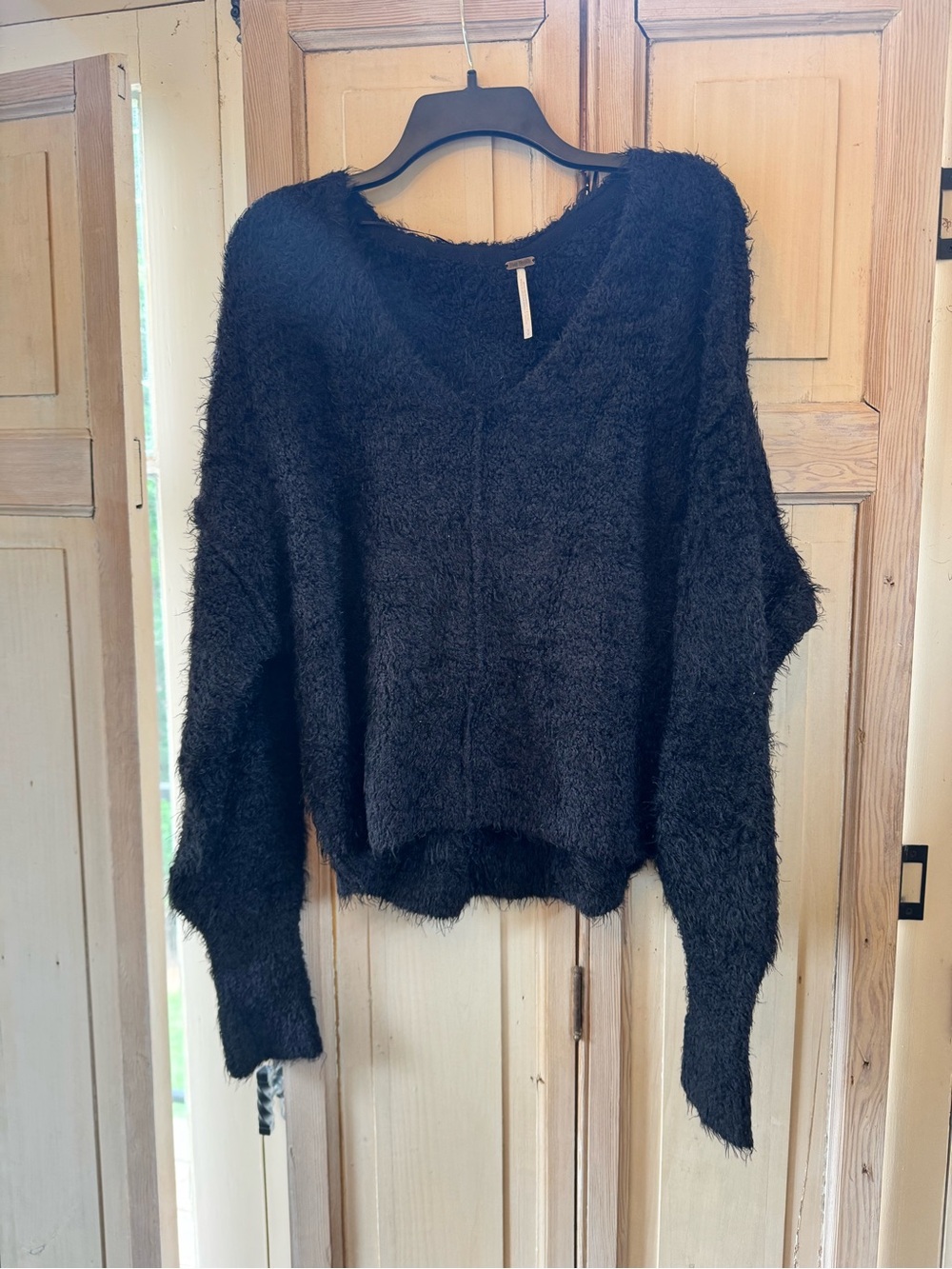Free People Fuzzy V-Neck Sweater in Black